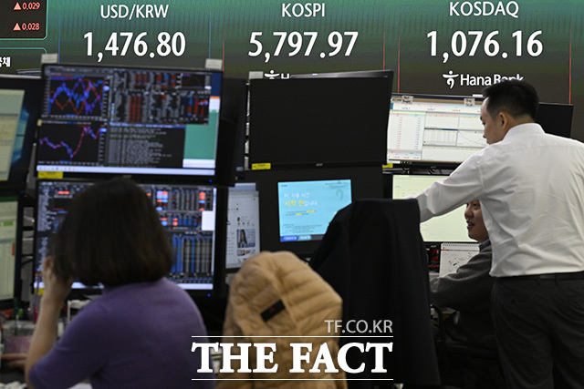 딜링룸에 코스피가 상승하고 있다.