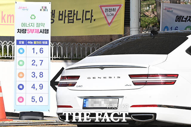 자원안보위기 단계 '경계' 격상으로 공영주차장의 차량 5부제(요일제)가 시행된 8일 오전 서울 종로구 종묘 공영주차장에 차량 5부제 안내판이 설치돼 있다. /김성렬 기자