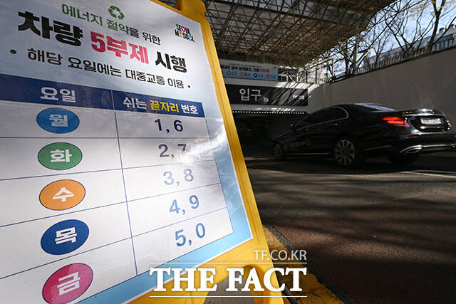 자원안보위기 단계 '경계' 격상으로 공영주차장의 차량 5부제(요일제)가 시행된 8일 오전 서울 종로구 종묘 공영주차장에 차량 5부제 안내판이 설치돼 있다. /김성렬 기자