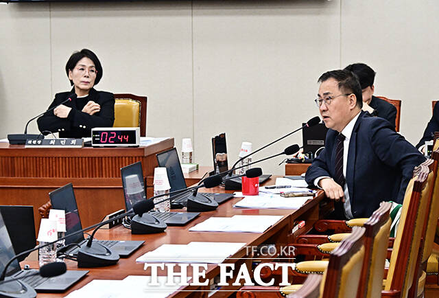 민주당 의원들 지각에 항의하는 최형두 국민의힘 의원(오른쪽).