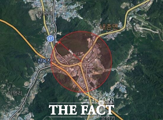 지난 2010년 수도법 시행령 개정으로 공장 설립 제한지역으로 지정된 포천시 소재 내촌취·정수장 반경 1㎞의 위치도. /포천시