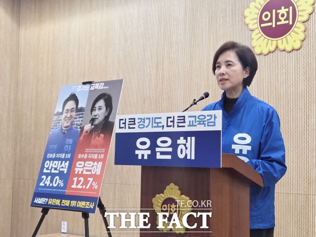 9일 오후 경기도의회 기자회견장에서 긴급 기자회견을 열고 안민석 경기도교육감 예비후보의 공개 사과를 요구하는 유은혜 예비후보. /박아론 기자