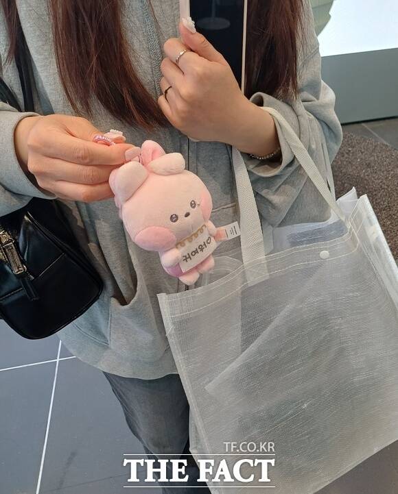 팬들은 기념할 만한 장소에 가면 좋아하는 아티스트의 캐릭터 인형을 들고 인증샷을 찍는다. 하이브 팝업 스토아에서 만난 20대 대만인 여성은 방탄소년단의 티셔츠를 구매한 뒤 정국의 캐릭터 인형을 들고 인증샷을 촬영했다. /정병근기자