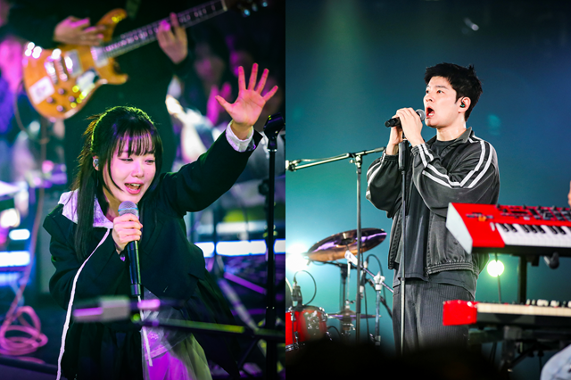 '스페이스 공감'의 공연 재개 후 첫 녹화에는 10만 명이 넘는 방청 신청이 몰려 사람들의 높은 관심을 입증했다. 사진은 3일 LG아트센터 서울 U+스테이지 홀에서 진행된 '스페이스 공감 - 홈커밍데이'에서 공연을 펼치고 있는 한로로(왼쪽)와 장기하의 모습이다./EBS