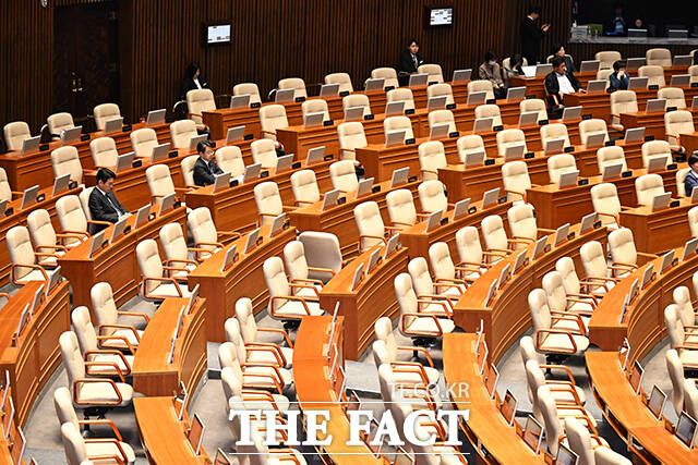 대부분 이석하고 빈자리만 남은 여당 의원들의 의석.