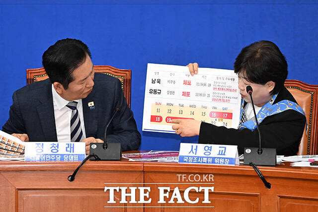 윤석열 정부 검찰 관련 인사와 사건들의 관계성을 나타낸 자료를 바라보는 정청래 대표.