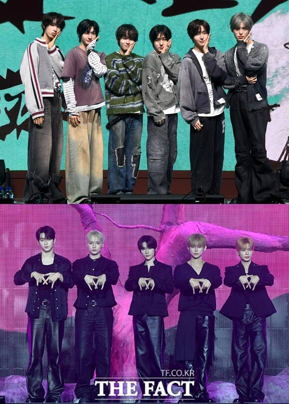 4월 한 달동안 굵직한 스타들의 컴백이 이어지고 있어 그 배경에 관심이 쏠린다. 사진은 6일 My First Kick으로 컴백한 JYP엔터테인먼트 소속 그룹 킥플립(위)과 13일 7TH YEAR: 가시덤불에 잠시 바람이 멈췄을 때로 컴백한 빅히트 뮤직 소속 투모로우바이투게더가 미디어 쇼케이스에 참석한 모습이다./박상민 기자