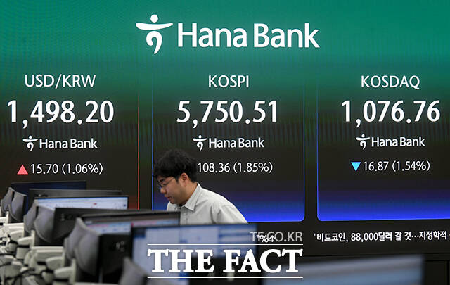 미국과 이란의 종전 협상이 결렬된 가운데 13일 오전 서울 중구 하나은행 본점 딜링룸 전광판에 지수가 표시되고 있다. /박상민 기자