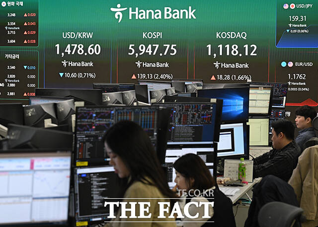 미국이 13일(현지시간) 이란 해상 봉쇄 작전을 개시한 가운데 14일 오전 서울 중구 하나은행 딜링룸에 전광판에 원·달러 환율, 코스피 지수가 표시되고 있다. /박헌우 기자