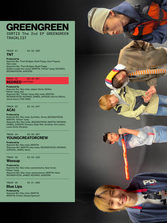 'GREENGREEN'에는 타이틀곡 'REDRED'를 비롯해 'TNT', 'ACAI', 'YOUNGCREATORCREW', 'Wassup', 'Blue Lips' 등 총 6곡이 수록된다./빅히트 뮤직