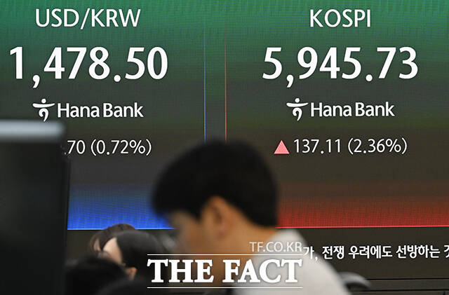 미국이 13일(현지시간) 이란 해상 봉쇄 작전을 개시한 가운데 14일 오전 서울 중구 하나은행 딜링룸에 전광판에 원·달러 환율, 코스피 지수가 표시되고 있다. /박헌우 기자