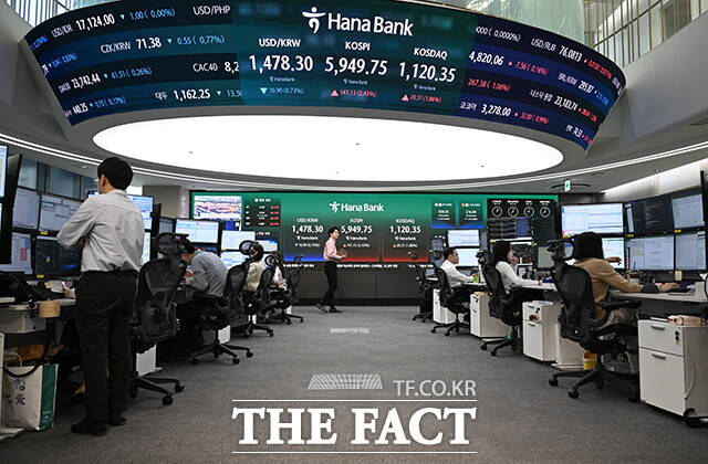 미국이 13일(현지시간) 이란 해상 봉쇄 작전을 개시한 가운데 14일 오전 서울 중구 하나은행 딜링룸에 전광판에 원·달러 환율, 코스피 지수가 표시되고 있다. /박헌우 기자