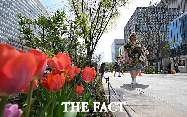 서울의 낮 최고기온이 27도까지 오르는 등 초여름 날씨를 보인 14일 오후 서울 종로구 광화문 광장을 찾은 시민들이 양산을 쓰고 걸음을 옮기고 있다. /박헌우 기자