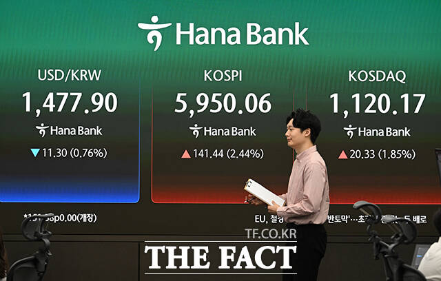 미국이 13일(현지시간) 이란 해상 봉쇄 작전을 개시한 가운데 14일 오전 서울 중구 하나은행 딜링룸에 전광판에 원·달러 환율, 코스피 지수가 표시되고 있다. /박헌우 기자