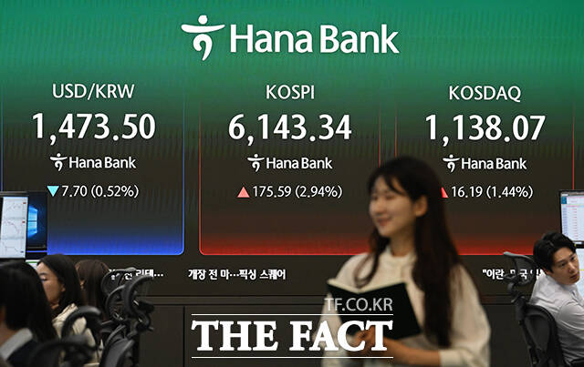 미군이 이란 해상 봉쇄 작전을 개시한 가운데 15일 오전 서울 중구 하나은행 딜링룸에 전광판에 원·달러 환율, 코스피 등 지수가 표시되고 있다. /박헌우 기자
