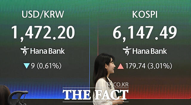 미군이 이란 해상 봉쇄 작전을 개시한 가운데 15일 오전 서울 중구 하나은행 딜링룸에 전광판에 원·달러 환율, 코스피 등 지수가 표시되고 있다. /박헌우 기자