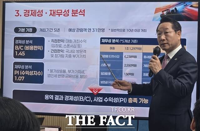 유정복 인천시장이 16일 시청 브리핑룸에서 기자 설명회를 통해 F1 그랑프리 인천 유치 관련 타당성 용역 결과에 대해 설명하고 있다./인천=김재경 기자