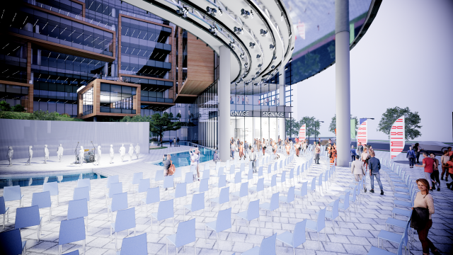 강동구는 15일 JYP 신사옥 건축허가를 마무리하고, 부지 내 공개공지를 활용한 주민 개방형 문화·휴식 공간 조성 계획을 확정했다. 사진은 JYP 신사옥 공개공지 내 공연장 투시도. /강동구