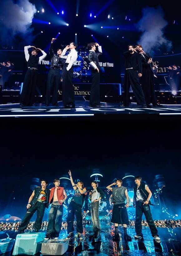 그룹 라이즈가 10일과 11일 일본 K아레나 요코하마에서 개최된 '더 퍼포먼스'(위)와 14일 태국 방콕 라차다 로드 S2O 랜드에서 열린 'K2O 송크란 뮤직 페스티벌'에 출연한 모습이다./SM엔터테인먼트