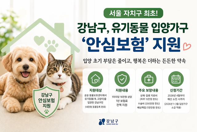 강남구가 유기동물 입양가구를 대상으로 '안심보험'을 지원한다. /강남구