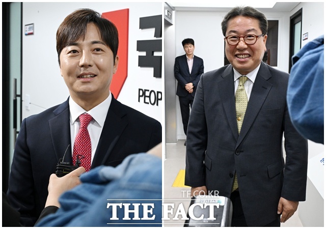 국민의힘 경기도지사 후보로 추가 접수한 이성배 전 MBC 아나운서(왼쪽)와 조광한 국민의힘 최고위원이 17일 오후 서울 여의도 국회 중앙당사에서 열린 광역단체장 후보 면접에 참석해 취재진의 질문에 답하고 있다. /남용희 기자