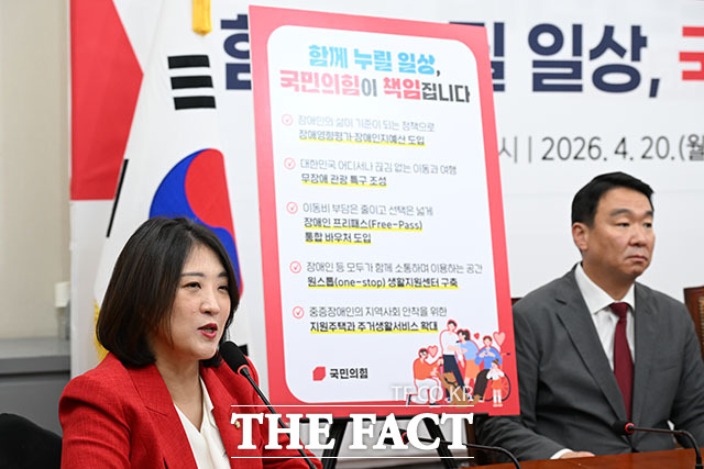 최보윤 국민의힘 수석대변인(왼쪽)이 20일 오전 서울 여의도 국회에서 열린 국민의힘 '함께 누릴 일상, 국민의힘이 책임집니다' 장애인의 날 공약을 발표하고 있다. /국회=서예원 기자