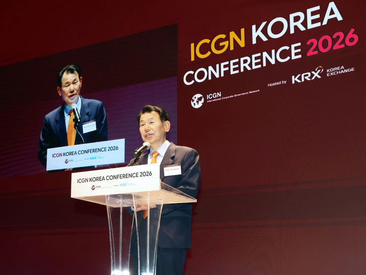정은보 한국거래소 이사장이 ICGN Korea Conference 2026에서 환영사를 하고 있다./한국거래소