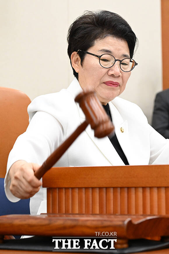 '청문회 닷새 만에 신현송 한은 총재 후보자 인사청문보고서 채택' 의사봉 두드리는 임이자 재정경제기획위원장.