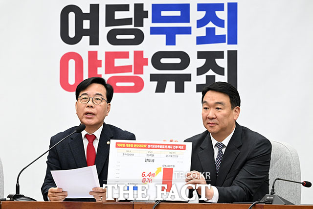 송언석 국민의힘 원내대표(왼쪽)가 21일 오전 서울 여의도 국회에서 열린 원내대책회의에서 모두 발언을 하고 있다. /국회=서예원 기자