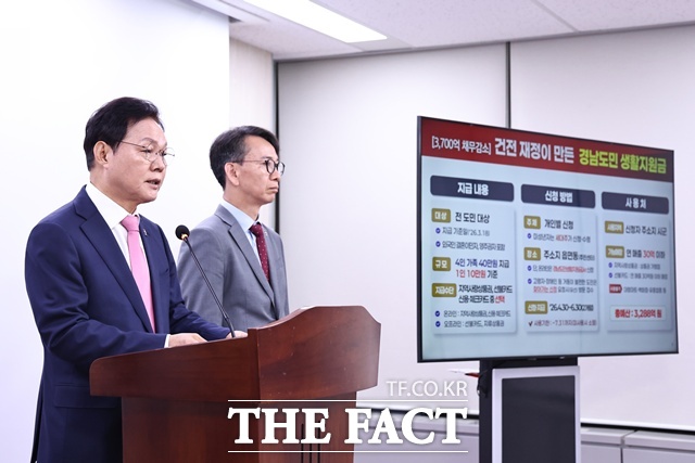 박완수 경남도지사가 경남도민 생활지원금 지급 관련 브리핑을 하고 있다. /경남도