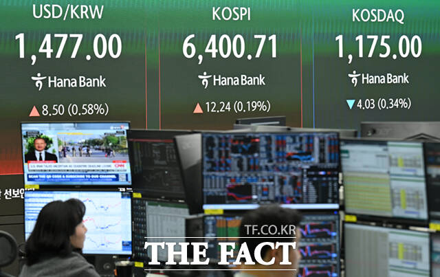 22일 오전 서울 중구 하나은행 딜링룸 전광판에 코스피 지수가 표시돼 있다. 이날 코스피는 6387.57로 출발한 뒤 장 초반 6400을 돌파하며 최고치를 경신, 등락을 거듭하며 혼조세를 보이고 있다. /이새롬 기자