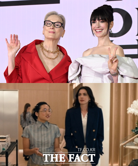 메릴 스트립(위쪽 사진의 왼쪽)과 앤 해서웨이가 주연을 맡은 '악마는 프라다를 입는다2'에 등장하는 중국인 캐릭터를 두고 중국 네티즌들 사이에서 비하 논란이 불거졌다. /이새롬 기자, '악마는 프라다를 입는다2' 예고편 캡처