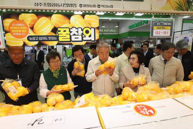 강호동 농협중앙회 회장(왼쪽에서 4번째)이 22일 서울 서초구 농협하나로마트 양재점에서 참외 상품을 살펴보고 있다. /농협중앙회