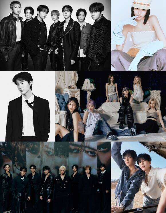 방탄소년단, 있지 유나, 엔믹스, NCT JNJM, 스트레이 키즈, 우즈(왼쪽 위부터 시계방향) 등이 '더팩트 뮤직 어워즈'의 'TMA 베스트 뮤직 - 봄' 부문 결선 투표 후보에 올랐다. /각 소속사