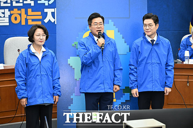 왼쪽부터 추미애 경기도지사 후보, 박찬대 더불어민주당 인천시장 후보, 정원오 서울시장 후보.