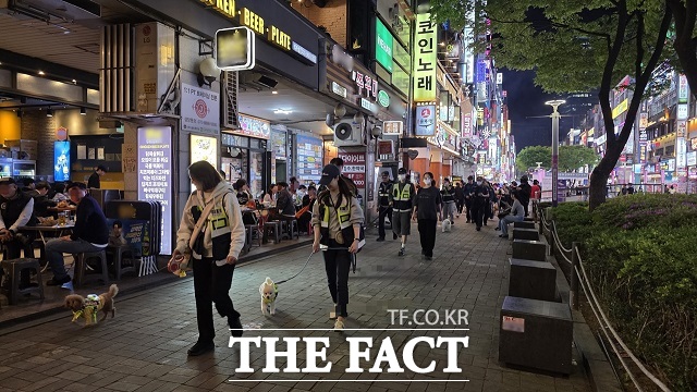 안양시 반려견 순찰대 양반견이 지난 23일 오후 범계로데오 거리를 합동 순찰하고 있다. /안양시