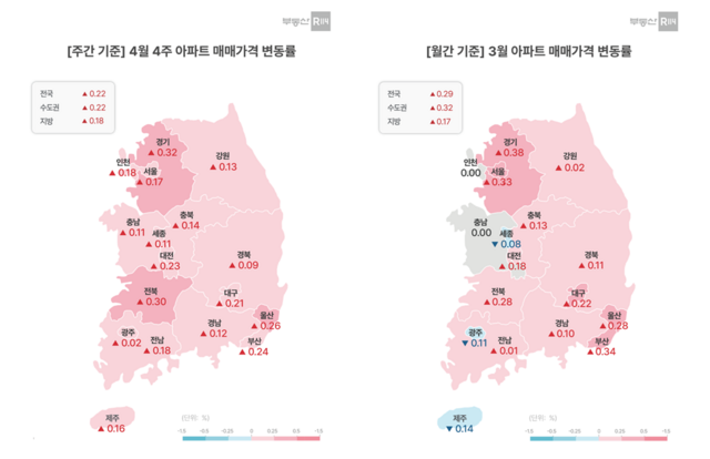 4월 넷째 주 전국 아파트 매매가격은 전주 대비 0.22% 상승했다. /부동산R114