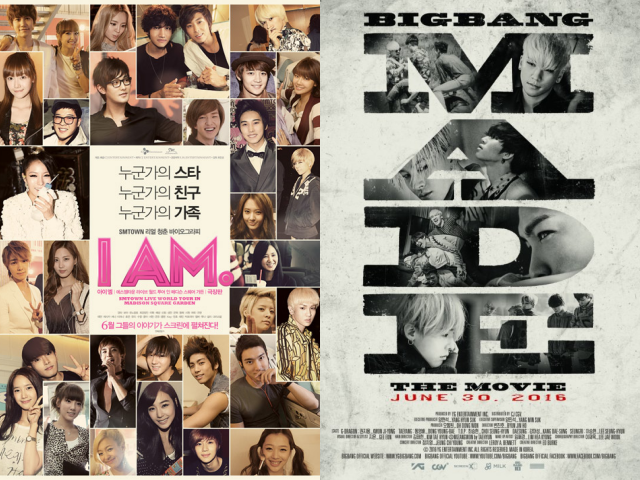 2012년 SM엔터테인먼트 소속 가수들의 노력과 열정, 꿈을 담은 음악 다큐멘터리 'I AM : SMTOWN LIVE WORLD TOUR in Madison Square Garden'(왼쪽)이 국내와 해외에서 개봉했고, 2016년 무대와 미공개 에피소드, 특별 인터뷰 등이 담긴 밀착 다큐멘터리 '빅뱅 메이드'가 개봉했다. /작품 포스터
