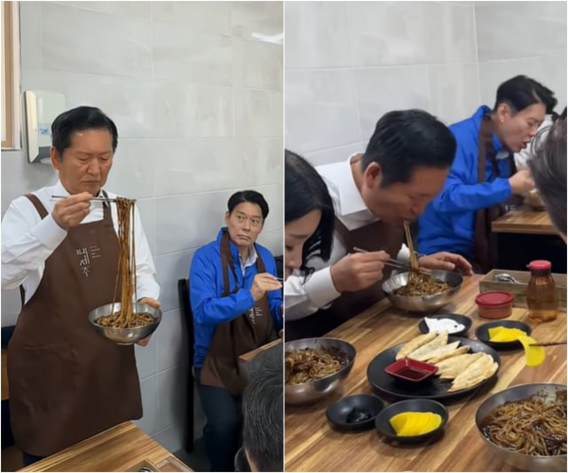 정청래 더불어민주당 대표가 지난 23일 경상남도 통영시 욕지면에 있는 식당에서 짜장면을 먹고 있다. /정청래 민주당 대표 유튜브 갈무리