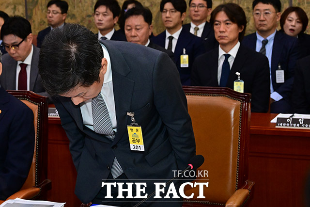 서울행정법원은 2026 북중미 월드컵을 50일 앞둔 지난 23일, 정몽규 대한축구협회장에 대한 문화체육관광부의 중징계 요구가 적법하다는 판결을 내렸다. 사진은 지난 2024년 국회 문체위 현안질의에 증인으로 참석한 정몽규 회장과 홍명보 대표팀 감독./더팩트 DB