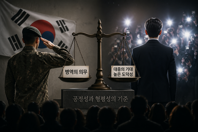 최근 연예계에서 다시 한 번 '병역 문제'가 중심 이슈로 떠올랐다. 연예인은 단순한 개인이 아니라, 대중의 관심과 소비를 통해 만들어진 공적 존재에 가깝다는 점에서 더 민감하게 받아들이는 경향이 있다. /AI 이미지