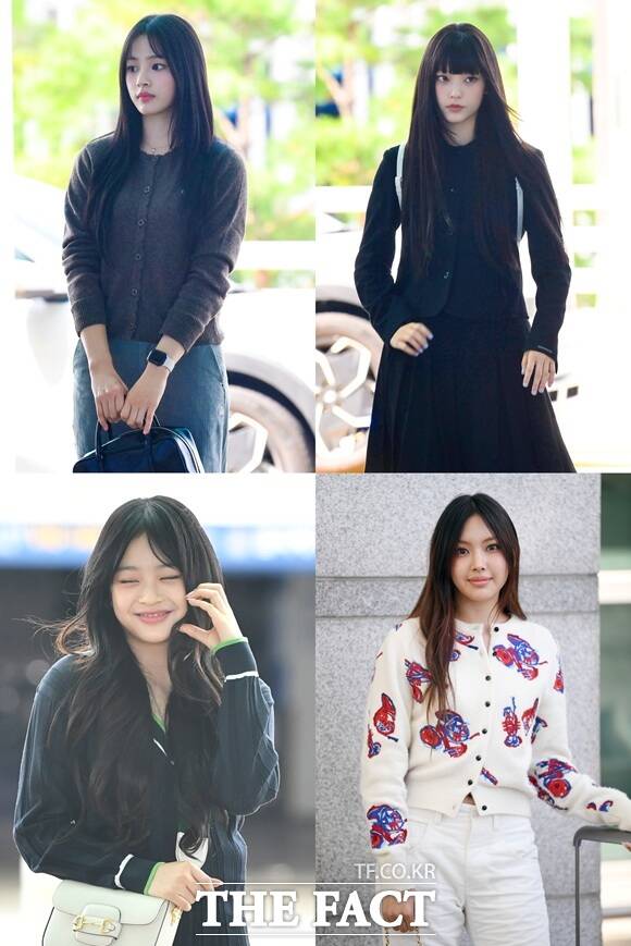 그룹 뉴진스가 덴마크 코펜하겐에서 새로운 음악 활동을 준비 중이다. 다만 민지의 거취는 미정이다. 사진은 뉴진스의 민지 해린 혜인 하니(왼쪽 위부터 시계방향)의 모습이다./더팩트DB