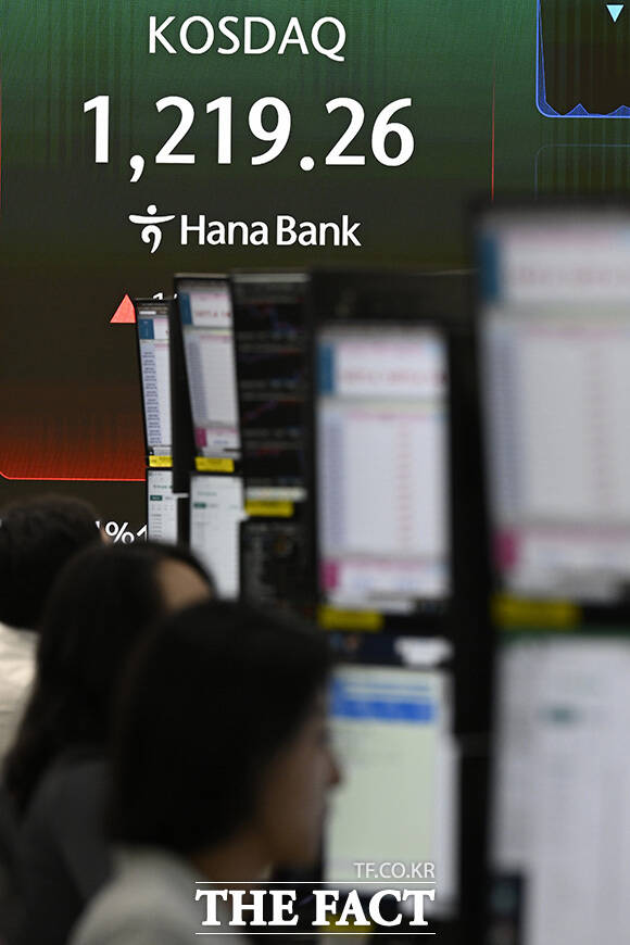 거래 중인 딜러 뒤로 코스피 지수가 표시되고 있다.