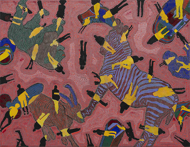 허진, 유목동물+인간-문명 2025-9, 2025, 한지에 수묵채색 및 아크릴, 112×146cm