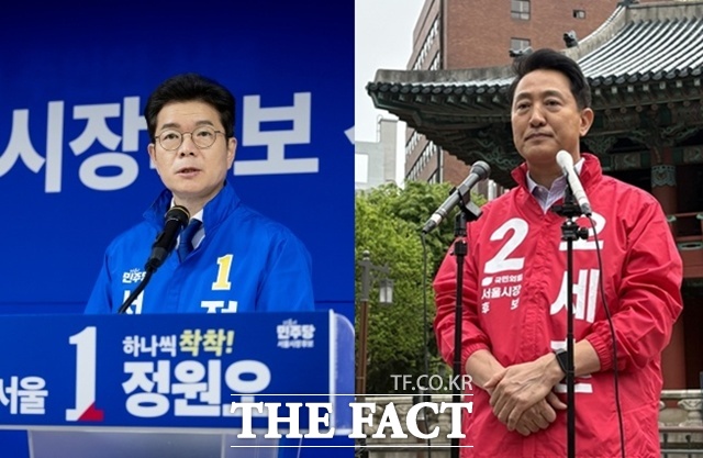 정원오 더불어민주당 서울시장 후보(왼쪽)와 오세훈 국민의힘 서울시장 후보가 서로를 향해 '네거티브'와 '박원순 시즌2' 등의 발언을 이어가고 있다. /박상민 기자, 문화영 기자