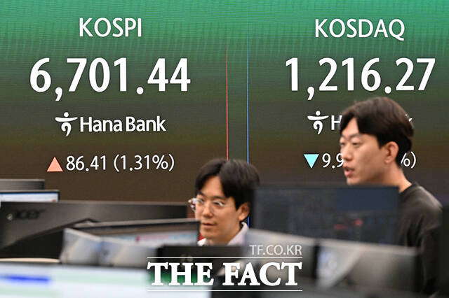 코스피가 사상 최고가를 경신한 28일 오전 서울 중구 하나은행 딜링룸 전광판에 지수가 표시돼 있다. /김성렬 기자