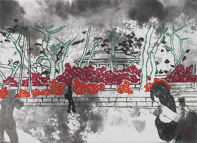 허진, 출근하며 산다_01, 2025, 한지에 펜 수묵채색, 24.2×33.5cm