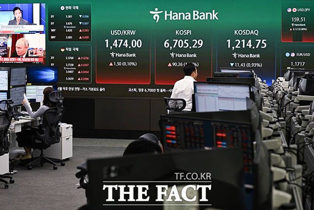 코스피가 사상 최고가를 경신한 28일 오전 서울 중구 하나은행 딜링룸 전광판에 지수가 표시돼 있다. /김성렬 기자