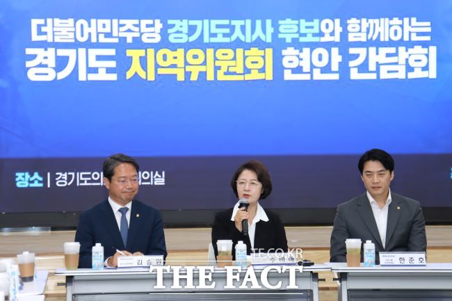 추미애 더불어민주당 경기도지사 후보가 29일 오전 경기도의회 대회의실에서 열린 경기도지사 후보와 함께하는 경기도 지역위원회 현안 간담회에 참석해 발언하고 있다. /이승호 기자