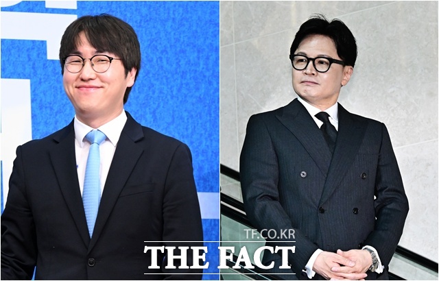 6·3 국회의원 재보궐 선거의 최대 격전지로 부상한 '부산 북구갑'을 두고 여야 지도부의 수싸움이 치열해지고 있다. 사진은 한동훈 국민의힘 대표(오른쪽)와 하정우 전 청와대 AI미래기획수석. /남용희·배정한 기자